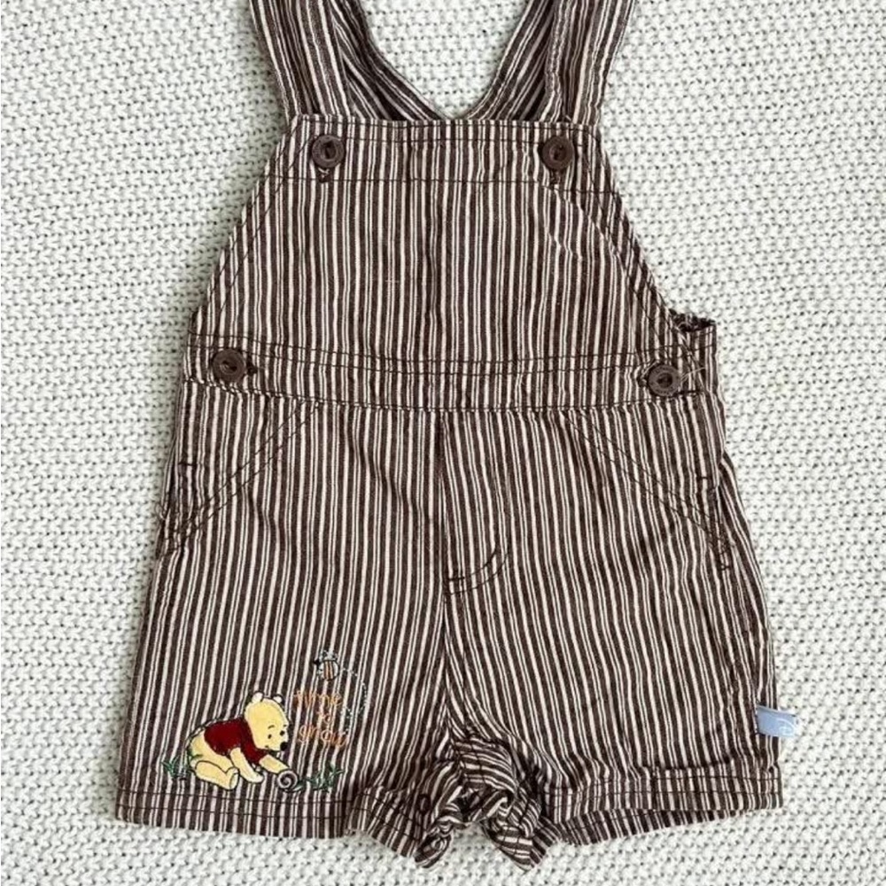 Disney Y2K Pooh Brown Striped Short Overalls
